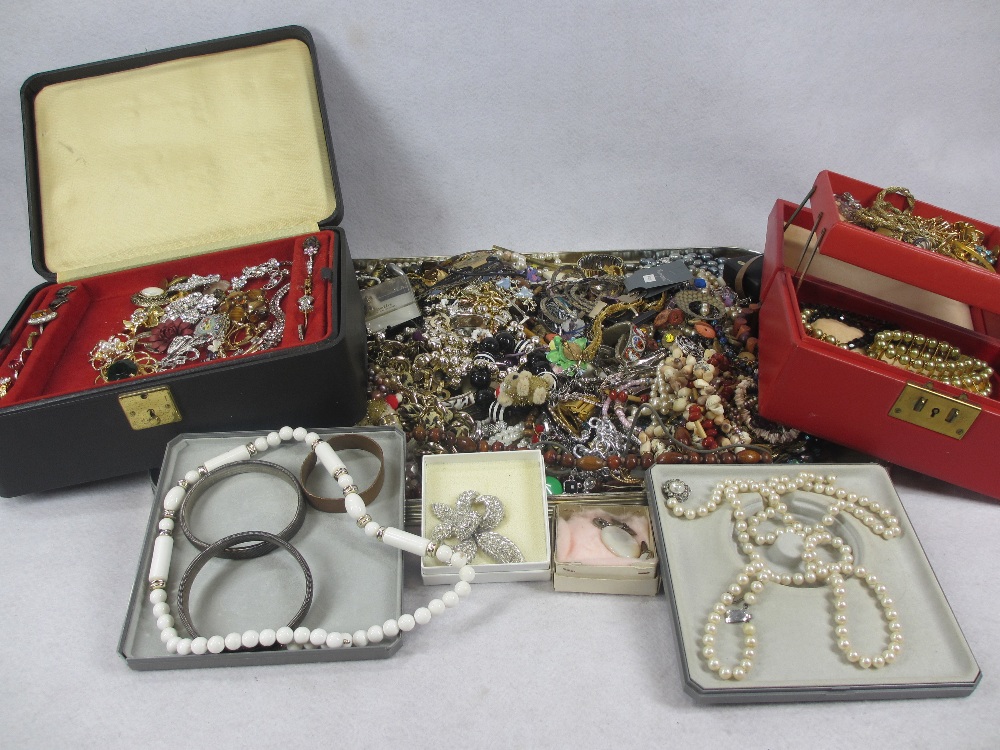 COSTUME JEWELLERY together with two full jewellery boxes of brooches, cut...