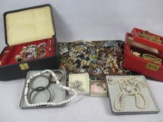 COSTUME JEWELLERY together with two full jewellery boxes of brooches, cut glass beads, pearl