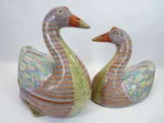 ANTIQUE STYLE CHINESE GOOSE TUREENS, A PAIR - decorated 18th Century style (one base broken into