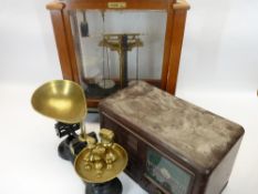 OERTLING CASED BALANCE SCALES, vintage kitchen set of scales and a Derwent old wireless