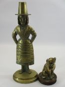 BRASSWARE - Welsh Lady doorstop, 51cms H and a brass ornament of a cat on a wooden plinth, 20cms H