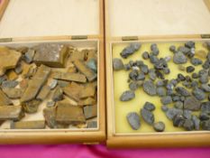 TWO WOODEN LIDDED BOXES containing uncut Sapphire, Tiger's Eye and other uncut minerals