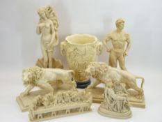 RESIN FIGURES - two lions on plinths, gladiator 43cms tall, vase, ETC (7 items)