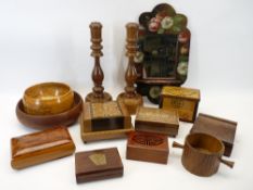 TREEN WARE - a good collection including decorative boxes, turned, oak candlesticks and a framed