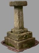 SUBSTANTIAL NATURAL STONE BIRD BATH - on a stepped base, 91cms overall H, 47 x 50cms the largest