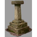 SUBSTANTIAL NATURAL STONE BIRD BATH - on a stepped base, 91cms overall H, 47 x 50cms the largest