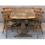 ERCOL DINING TABLE & FOUR CHAIRS, the chairs with triple splatback and Fleur de Lys decoration,