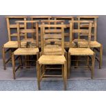 VINTAGE RUSH SEATED CHAPEL OR CHURCH CHAIRS (8) - 82.5cms H, 41cms W, 36cms D