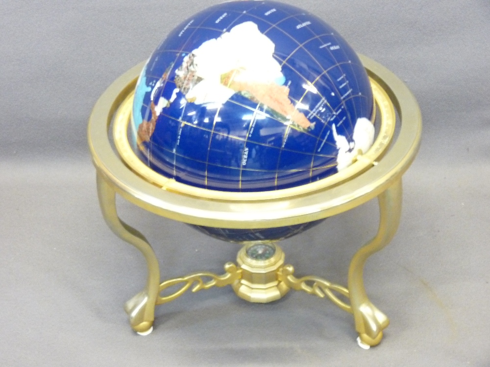 GEMSTONES - blue coloured globe on a yellow metal cradle/stand, 46cms tall - Image 2 of 2