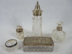 BIRMINGHAM 1929 SILVER TOPPED CUT GLASS SUGAR SIFTER and other silver mounted glassware to include a