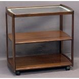 DANISH MAHOGANY THREE TIER TEA TROLLEY - with inset glass top, 79cms H, 82cms W, 51cms D