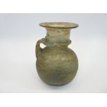 ROMAN ANTIQUITY STYLE BULBOUS GLASS JUG - with loop handle and flared top collar, 12.5cms H
