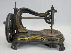 JONES HAND CRANK SEWING MACHINE in a vintage wooden box