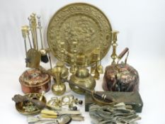 COPPER & BRASSWARE - Eastern vase, fire irons, candleholders, chargers, kettles, ETC