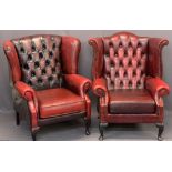 RED LEATHER EFFECT BUTTON UPHOLSTERED WING BACK FIRESIDE ARMCHAIRS (2) - 105cms H, 83cms W, 50cms