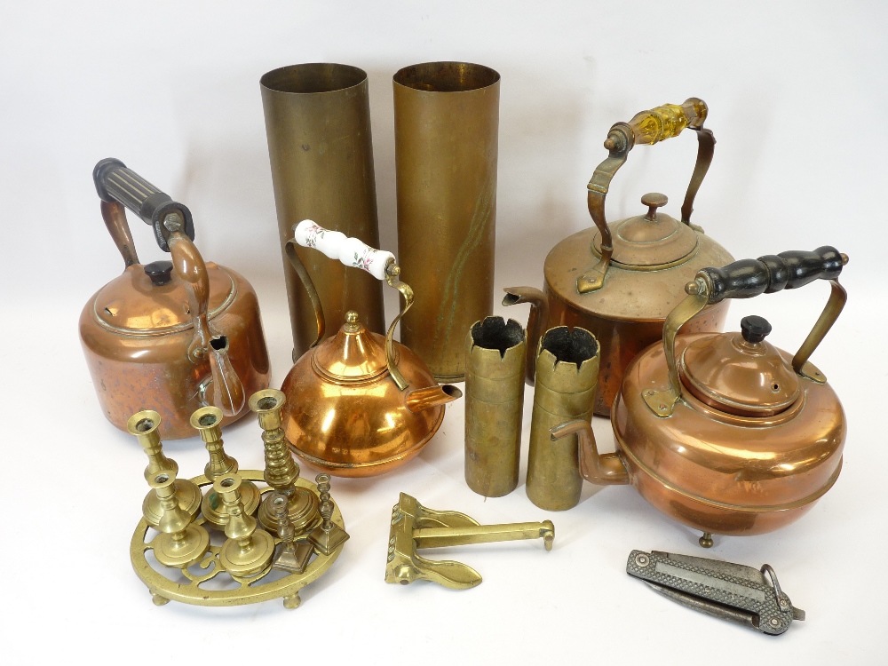 BRASS TRENCH ART, COPPER KETTLES, vintage tools, fire irons, sticks, ETC - Image 5 of 8