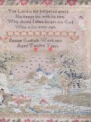 VICTORIAN NEEDLEWORK SAMPLER - titled 'Bettsy Gaskells Work 1837 Aged 12 years' with verse depicting