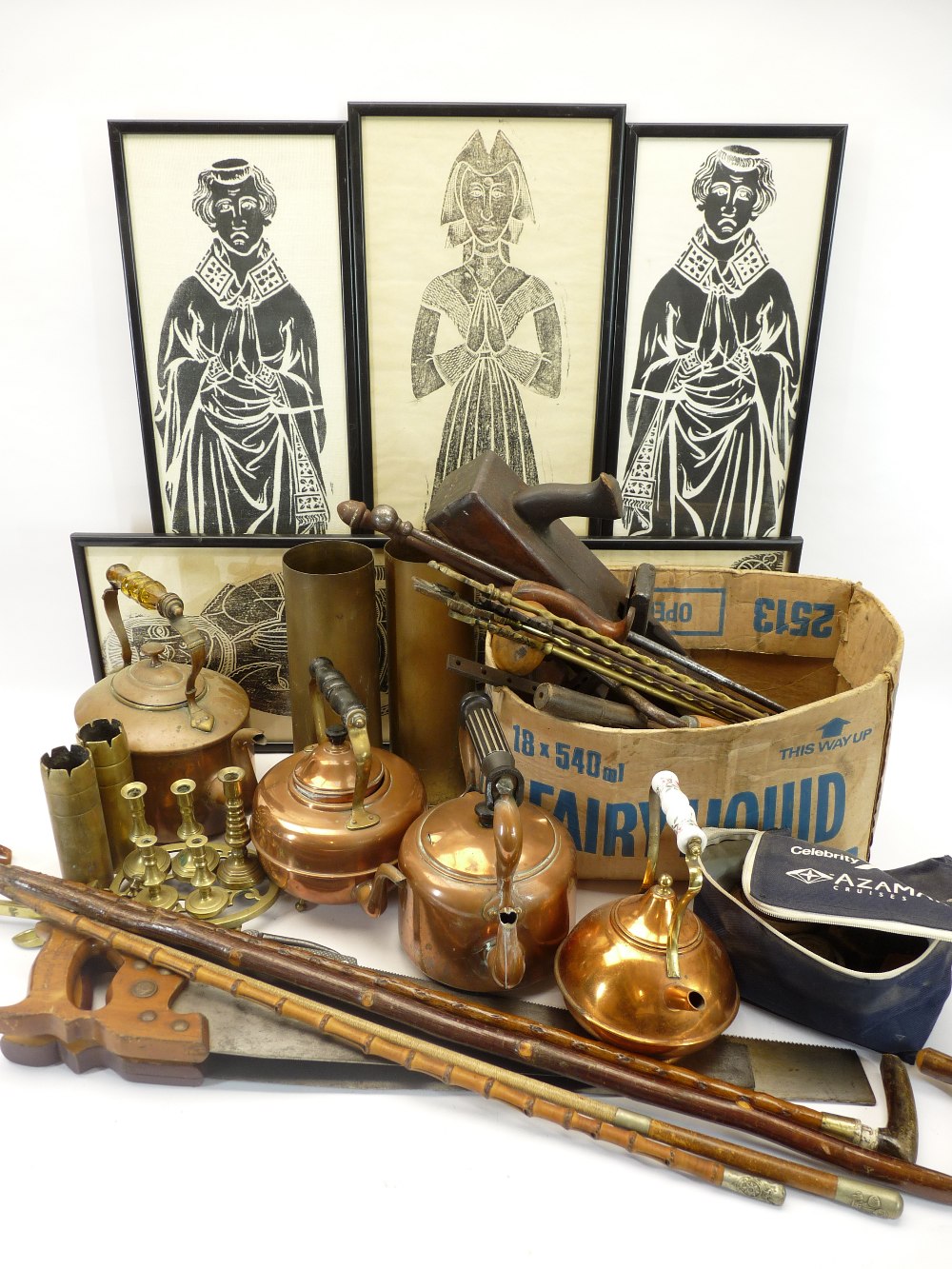 BRASS TRENCH ART, COPPER KETTLES, vintage tools, fire irons, sticks, ETC