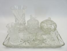 DRESSING TABLE GLASSWARE, CUT GLASS VASES, ETC