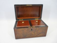 VICTORIAN CROSSBANDED FIGURED WALNUT TEA CADDY - with lidded twin interior compartments, 12cms H,