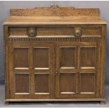 VINTAGE OAK RAILBACK SIDEBOARD - with single frieze drawer and twin lower cupboard doors, 103cms