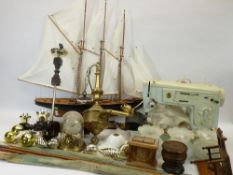 MIXED ITEMS - brass three branch ceiling light, another ceiling light, treen items, a model yacht on