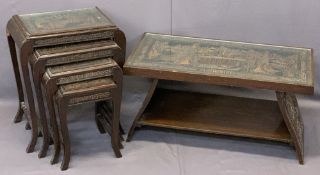 CHINESE DEEP CARVED HARDWOOD TABLES to include a shaped end coffee table with glass inset to the top