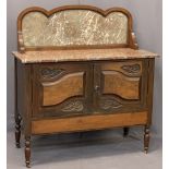 CIRCA 1900 MARBLE TOP WASHSTAND - having a shaped back panel with line inlay, pink marble top and