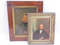 A NAIVE 19TH CENTURY PORTRAIT OF A LADY wearing a bonnet and shawl, in an unusual inlaid oak frame