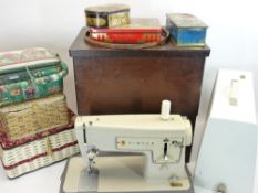 1960s SINGER 449 ELECTRIC SEWING MACHINE, oak sewing box, three sewing baskets and a quantity of