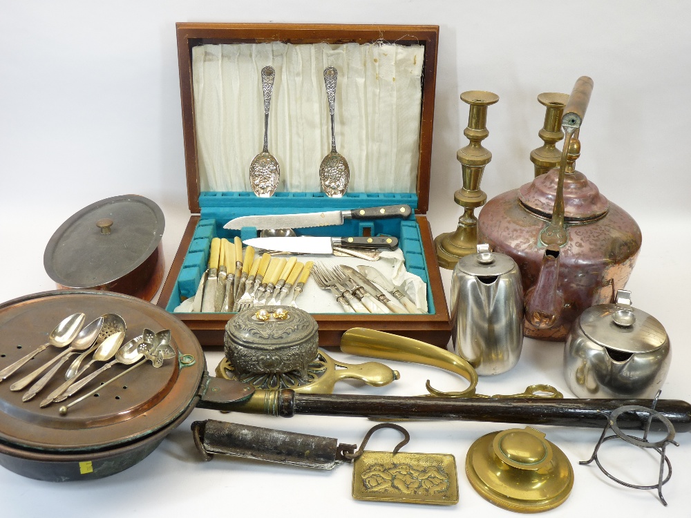 BRASS, COPPER & EPNS ITEMS to include copper kettle, cutlery in box, ETC