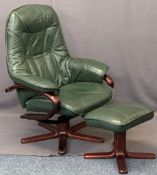 GREEN LEATHER EFFECT STRESSLESS TYPE ARMCHAIR & MATCHING FOOT STOOL - 102cms H, 78cms W, 50cms