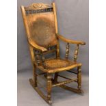 AMERICAN STYLE ROCKER ARMCHAIR - with carved spindle galleries and supports, the seat and back