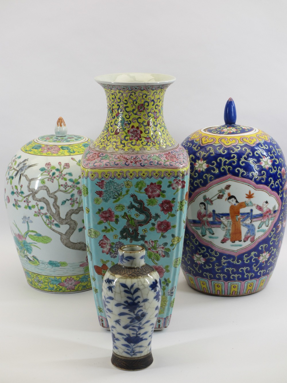 CHINESE LIDDED VASES (2), one being a Famille Verte, another square based taller example, 40cms H