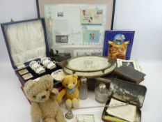 ECLECTIC PARCEL to include framed commemorative Tribute to Trieste Piazza, soft toys, old bibles,