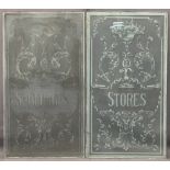 TWO ETCHED VICTORIAN GLASS WINDOW PANELS for St George's Stores - 99cms H, 55cms W