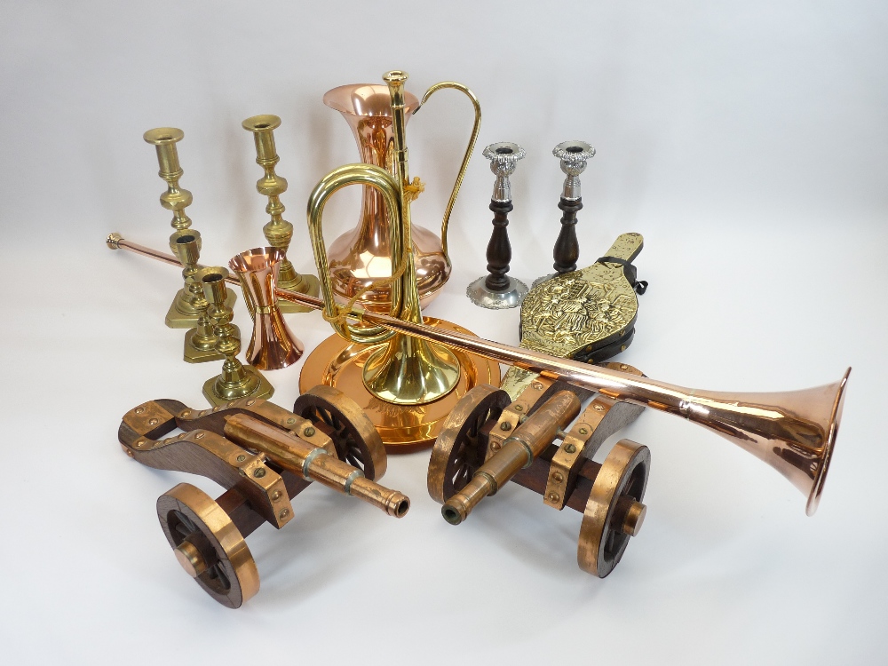 BRASS & COPPER - candleholders, decorative cannons, a hunting horn, a bugle, bellows, ETC