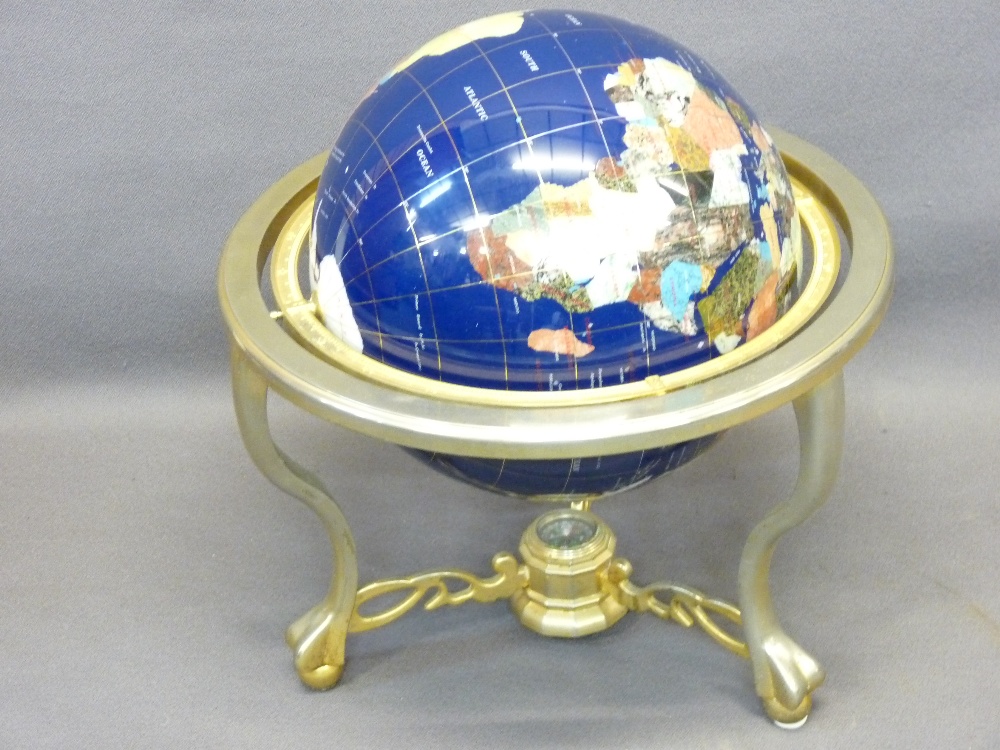 GEMSTONES - blue coloured globe on a yellow metal cradle/stand, 46cms tall