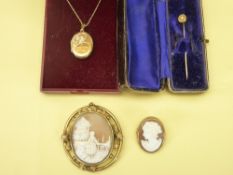 GOLD & OTHER JEWELLERY GROUP, 4 ITEMS including a 9ct gold framed cameo brooch, 9ct gold back and