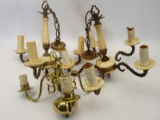 VINTAGE BRASS & ALABASTER CEILING CHANDELIERS (2) and one other in plain brass