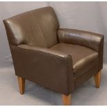 MODERN BROWN LEATHER EFFECT SINGLE ARMCHAIR - on tapering supports, 84cms H, 70cms W, 52cms seat D