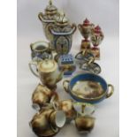NORITAKE ASSORTMENT - two pairs of lidded vases, 30cms the tallest, twin-handled bowl, a pair of