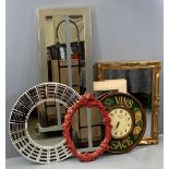 MIRRORS - an assortment of mainly modern and a Dewberry, London 'Vins D'Alsace' decorate wall clock