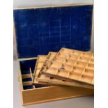 PINE BOX - with brass carry handles and interior compartmented trays, 16cms H, 79cms W, 51cms D