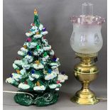 JENNY PHILLIPS OF WALES POTTERY Christmas tree lamp, 47cms H, brass based oil lamp with etched glass