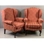 'JUDE HOLDINGS' - pair of modern wingback armchairs with striped and garland upholstery, 102cms H,