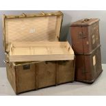 TWO VINTAGE WOODEN BANDED TRAVEL TRUNKS, the largest with inner tray, labelled 'Keanes of Broad