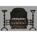 CAST IRON FIRE GRATE, pair of fire dogs with tool rests and cup warming holders, 60cms H, 100cms