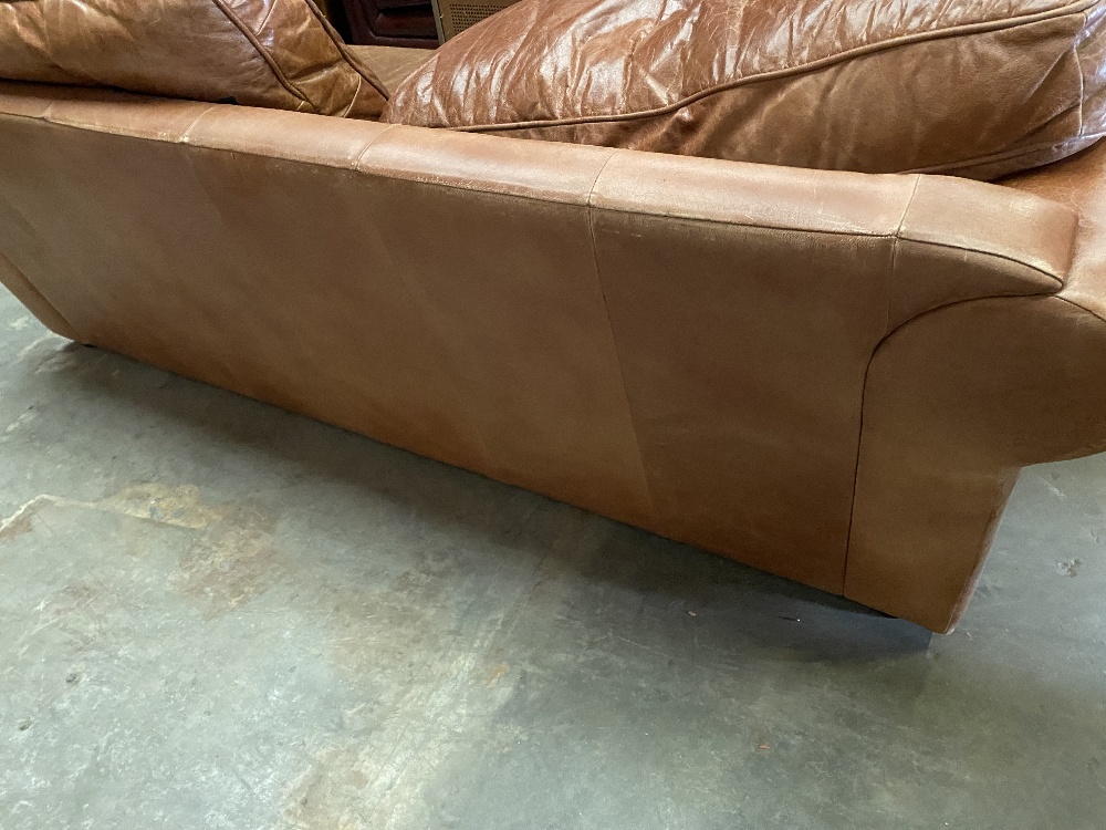 VINTAGE TYPE SOFA in tan leather/leather effect, 88cms H, 238cms W, 98cms D, labelled as 'Buffalo - Image 4 of 4