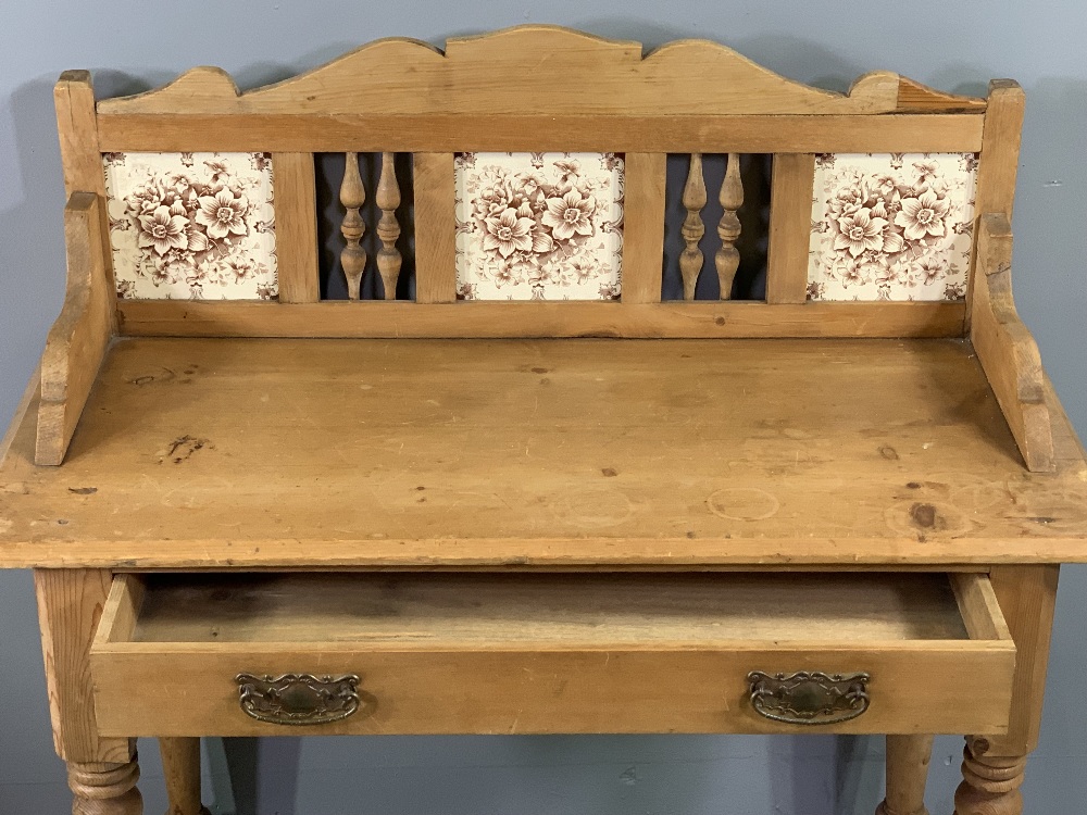 ANTIQUE PINE WASHSTAND with tiled railback, single drawer and base shelf, 105cms H, 89cms W, 40cms D - Image 2 of 8